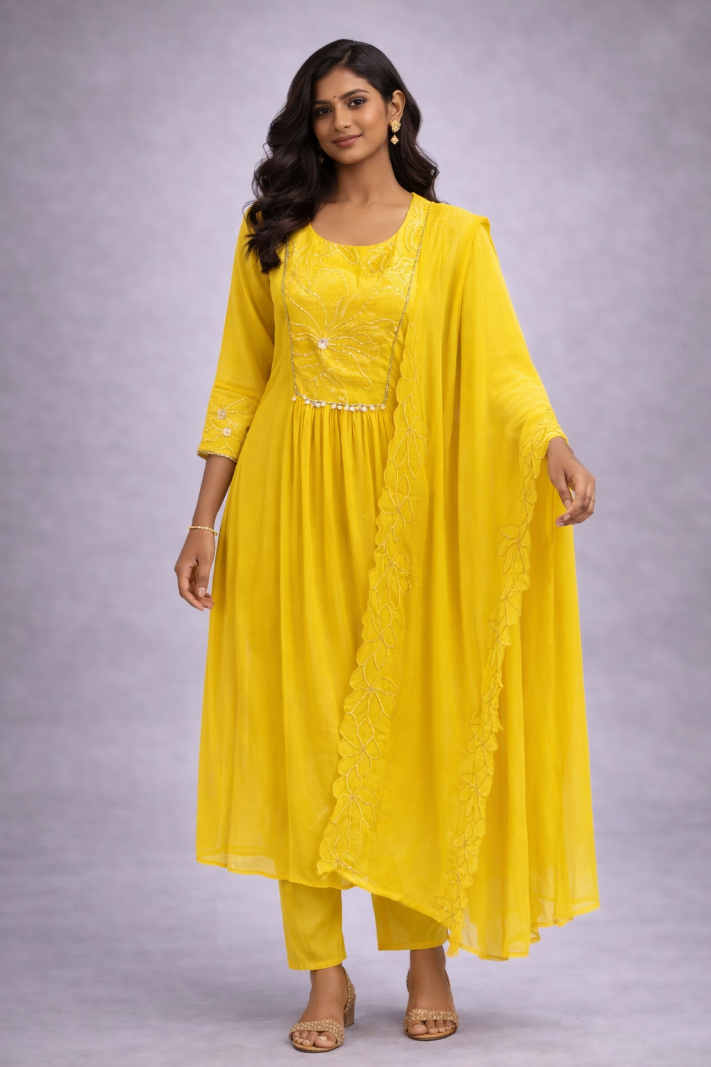 Sunshine Yellow Embroidered Anarkali Kurta Set with Dupatta